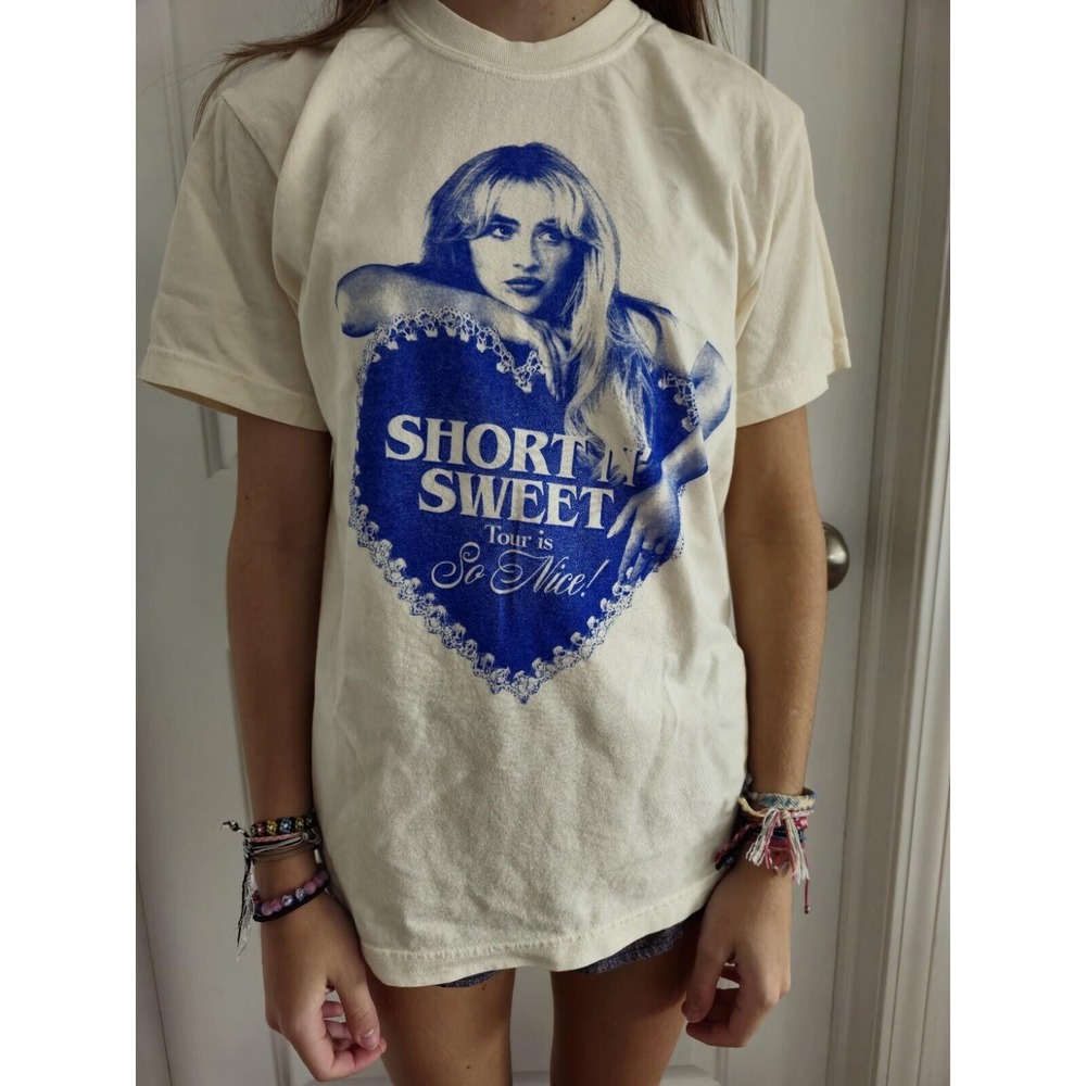 Authentic Sabrina Carpenter Short N Sweet 2025 Tour Shirt Cream Size Small